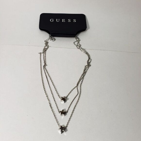 GUESS Polished Silver tone Layered Star Shaped Beads Design Necklace 16"+3.5" - Picture 6 of 7